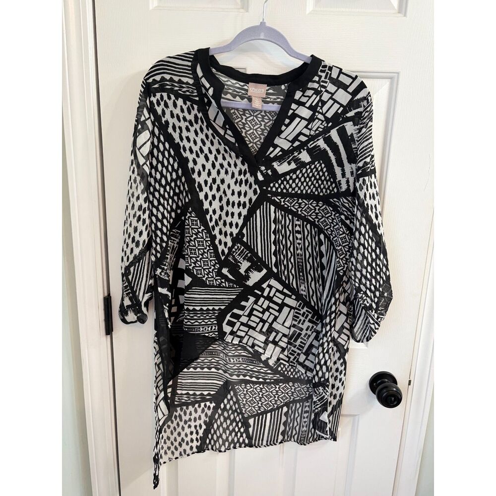 Chico's Lagenlook Layer Black White Abstract Print Tunic Blouse Size 1 Medium
